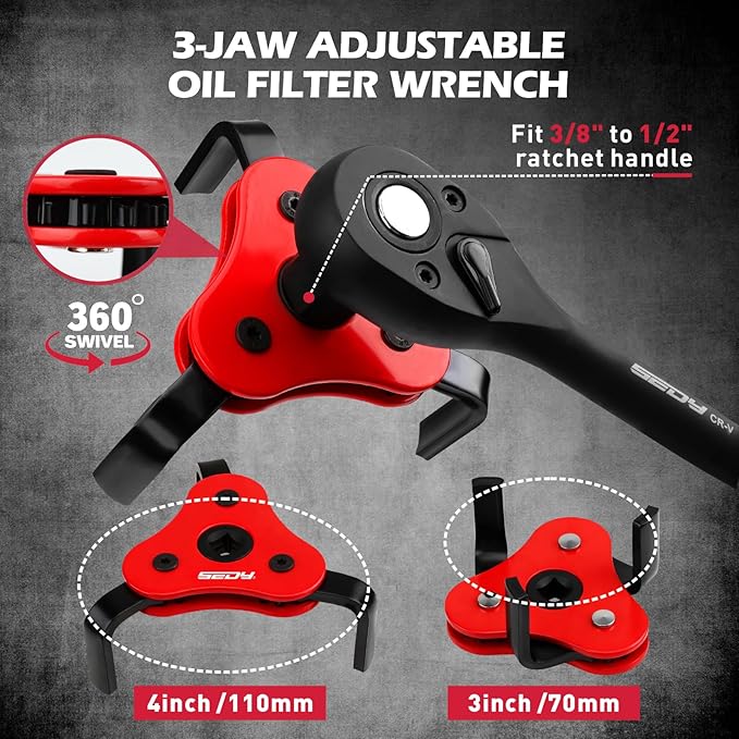 10-Piece Oil Filter Wrench Set 2-3/8"to 4-3/4", 12-Inch Adjustable Oil Filter Plier, Universal 3-Jaw Oil Filter Wrench, 1/2"Quick Release Ratchet Handle, 1/2"-3/8" Adapter, Towel in Storage Case