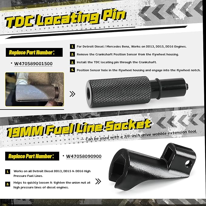 9 PCS DD15 Timing Tool Engine Brake Adjustment Tool Engine Barring Tool TDC Locating Pin Fuel Line Socket Camshaft Timing Tools Idler 3 Cantilever Tool Crankshaft TDC Locating Tool J-48630 J-46392