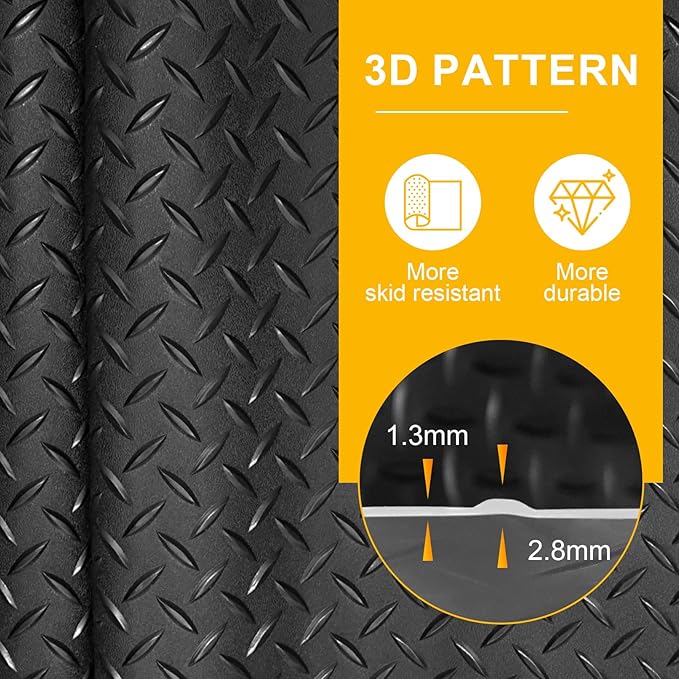 7.5x25 FT Garage Floor Mat, Updated 2.8mm Thicked Flooring Roll with 20Pcs Tapes, 188 sqft Diamond Plate PVC Rubber Trailer Mat, Non-Slip Floor Protector Mat for Garage Warehouse Gyms (Matte Black)