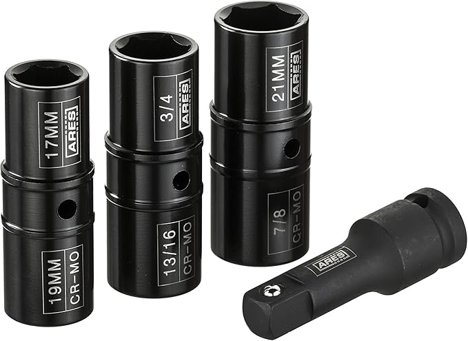 ARES 70056-1/2-inch Drive 4-Piece Flip Lug Nut Socket Set - Includes 17mm, 19mm, 21mm Metric Sizes & 3/4-Inch,13/16-Inch, 7/8-Inch SAE Sizes - Impact Grade Chrome-Moly Steel Ensures Lifetime Use