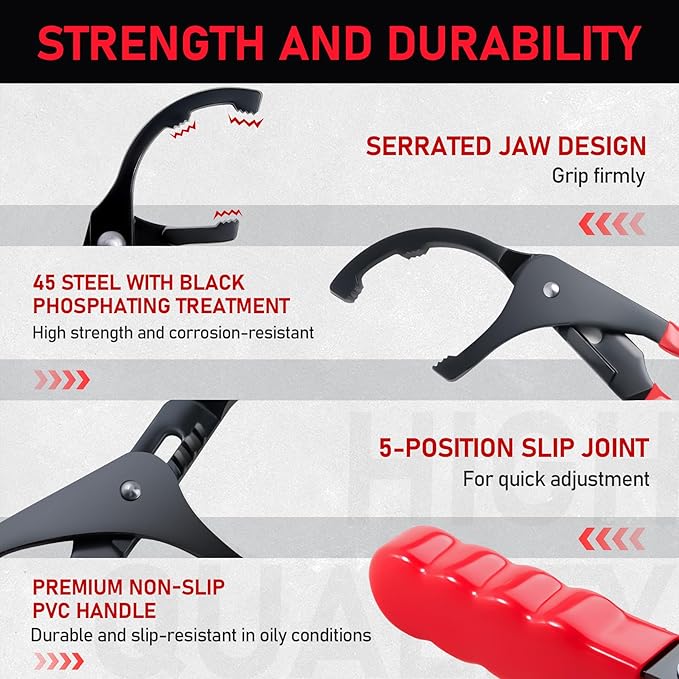 Oil Filter Wrench Set, 8 Piece Adjustable Oil Filter Pliers 2-3/4" to 5-1/4", 9" & 12" Universal Oil Filter Removal Tool with 1/2" to 3/8" Adapter, Organized in Storage Case (8-Piece Set)