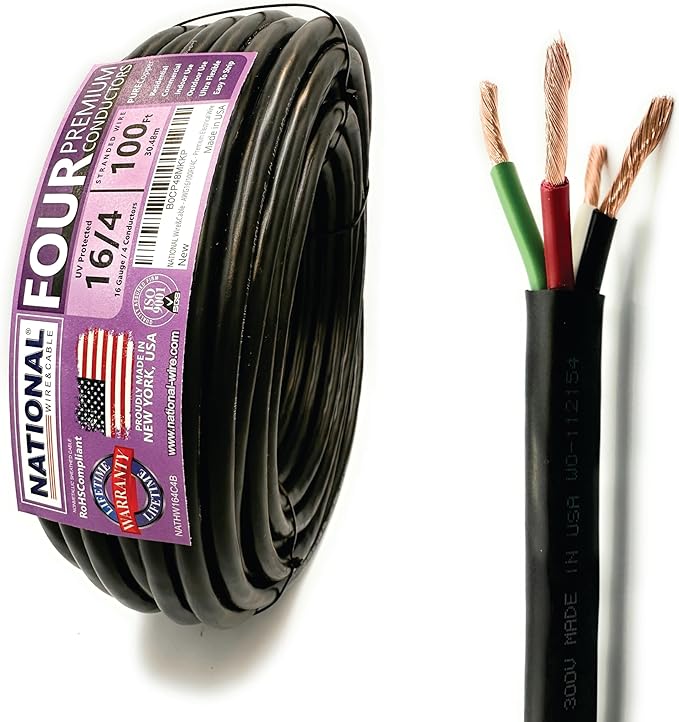 NATIONAL Wire & Cable – 16 AWG 4-Conductor Premium Copper Wire, 100 ft, Stranded | Made in USA, Heavy-Duty Flexible Jacket | LED, Lights, DIY Projects, Low Voltage Wiring, Indoor and Outdoor Use