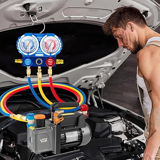 4.5 CFM AC Vacuum Pump and Gauge Set,for Mini Split/HVAC/Auto Systems,Manifold Gauge Kit fits R134a R12 R22 R410a,with Leak Detector,Core Depressor Valves,R134a Can Tap,Storage Case