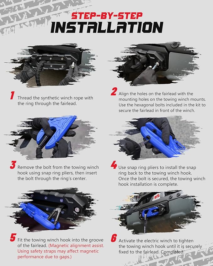 Towing Winch Fairleads with Tow Hook, Upgrade Al Hawse Fairlead with G80 Heavy Duty Forged Steel Winch Hook for Electric Winch, 33000lb Break Strength, for Synthetic Rope Recorvery, BlackBlue