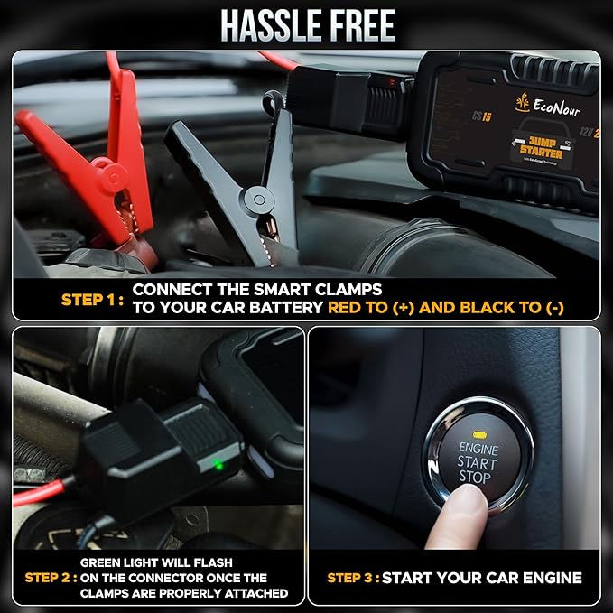 EcoNour Car Battery Jump Starter | Portable 2000A Battery Jumper Starter | Ideal for Up to 8L Gas & 6L Diesel Engines | Car Starter with Torchlight and SOS | Compatible with Ford, Benz & Toyota