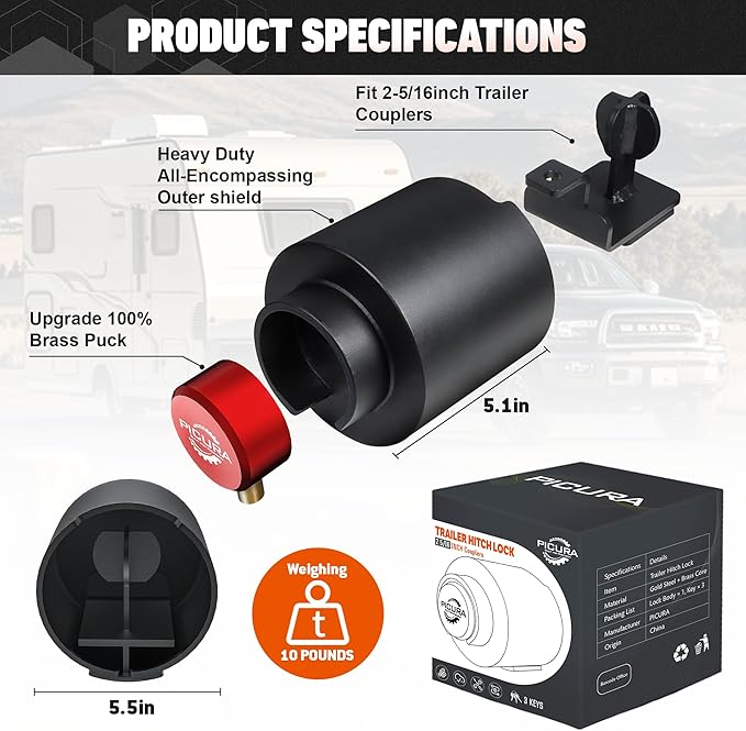 Upgraded Trailer Hitch Locks Fits 2-5/16 Inch Coupler, Heavy Duty Trailer Lock, Anti-Theft Trailer Coupler Lock for RV, Trailer, Boat, Pickup(Red)