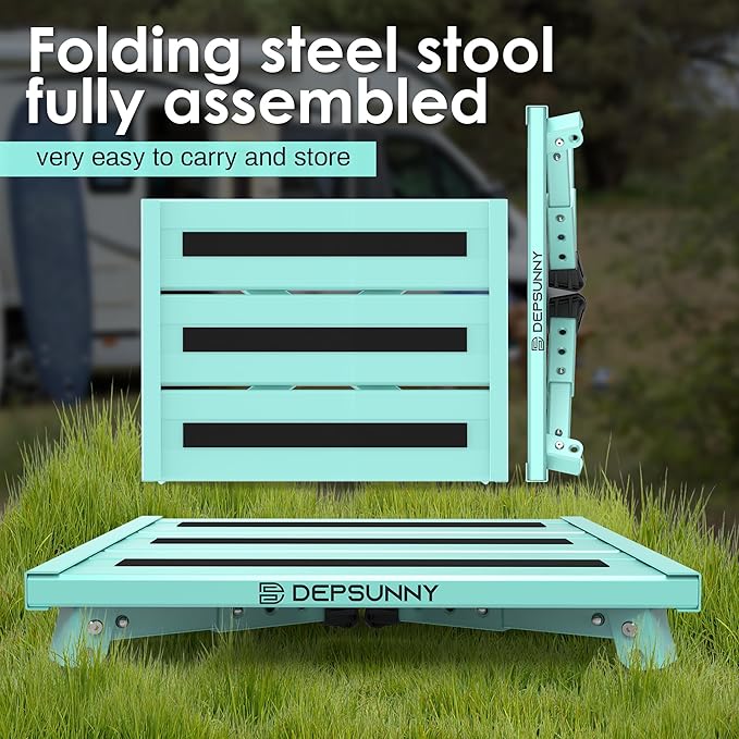Adjustable Height Aluminum RV Step, Stable Foldable Platform Step Stool, Supports Up to 1,000 lb, Non-Slip Rubber Feet and Platform Mat, Easy to Carry (Green)