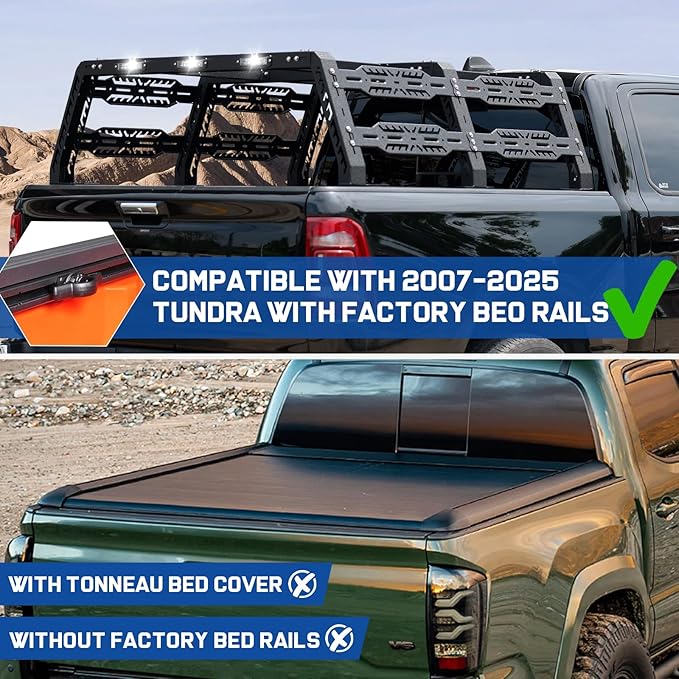 Overland Bed Rack for Full Size Truck 22" 1/2 Bed Rack Compatible with 2007-2025 Toyota Tundra with Factory Bed Rails, for Without Tonneau Bed Cover.