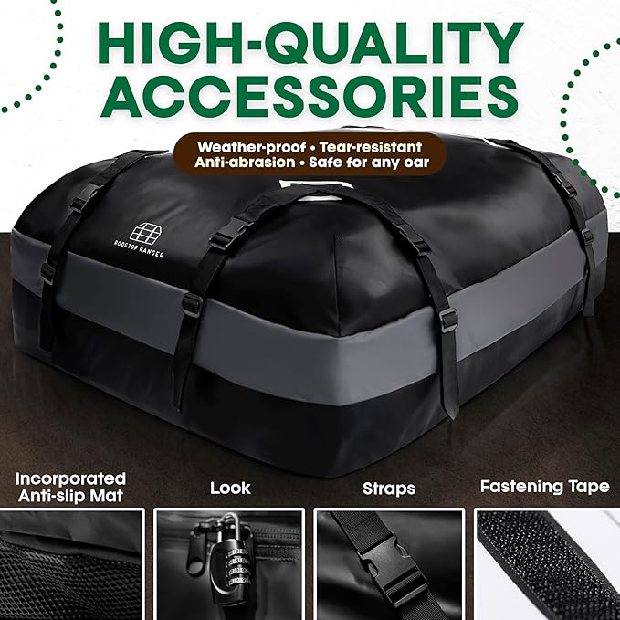 15 Cubic Ft Car Rooftop Soft Shell Cargo Carrier, 100% Waterproof - Car Storage for All Vehicle with/Without Racks - Attached Anti Slip Mat, Storage Bag, 4 Door Hooks & Straps, Lock