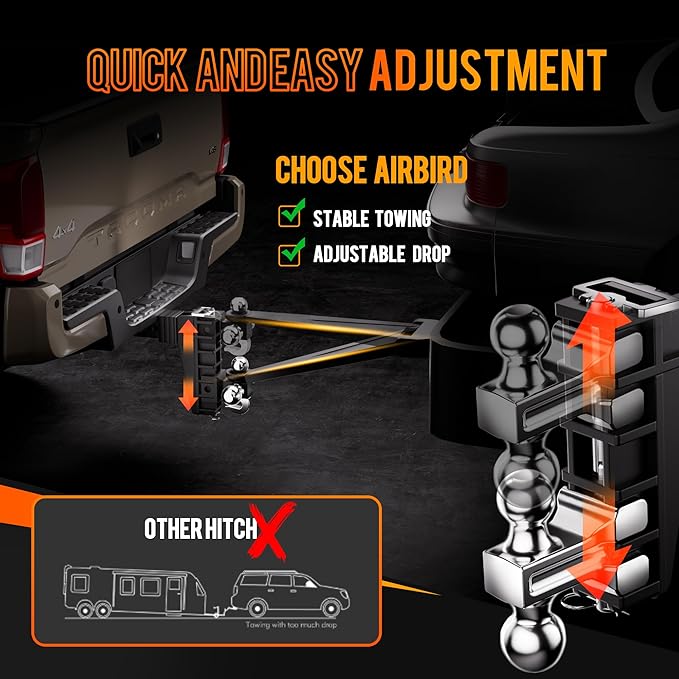 AIRBIRD Adjustable Trailer Hitch Fits 2.5-Inch Receiver, Anti-Rattle Tow Hitch (18500 LBS GTW) 6 Inch Drop Truck Hitch Tri-Ball Mount with Hook (1-7/8" x 2" x 2-5/16")