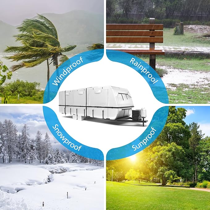 Mofeez Oxford Fabric Travel Trailer RV Cover, Camper Cover with 420D Oxford for The Top, 27'-30' Tearproof Waterproof Windproof Travel Trailer Cover with 4 Tire Covers, Jack Cover and Zippered Doors
