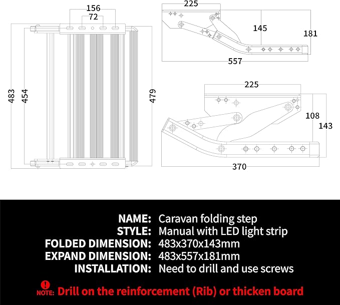Manual Aluminum Alloy Folding Single Step with LED Light, Ladder, Telescopic Anti Skid, for Motorhome RV Camper Van Travel Trailer Caravan