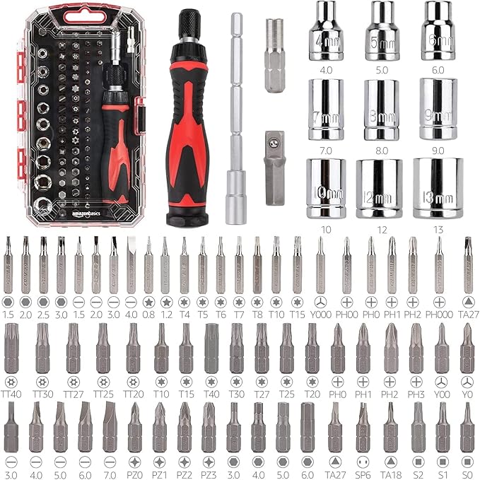 Amazon Basics Magnetic Ratcheting Wrench and Electronics Precision Screwdriver Set, 73 count (Pack of 1), Black/Red/Silver
