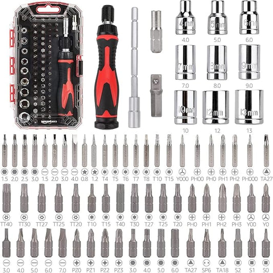 Amazon Basics Magnetic Ratcheting Wrench and Electronics Precision Screwdriver Set, 73 count (Pack of 1), Black/Red/Silver