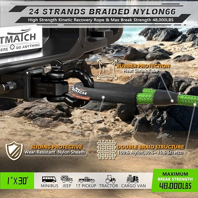 AUTMATCH Kinetic Recovery Tow Rope 1" x 30FT - Heavy Duty Energy Recovery Tow Rope 48000Lbs, 35% Elasticity Offroad Snatch Strap for 4x4 Off-Road Vehicle, Truck, Trailer, ATV, UTV, Green