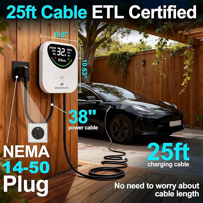 Fast Level 2 EV Charger 48 Amp(WiFi APP),25ft Cable ETL Certified,240V NEMA 14-50p Plug,Swipe to Start,Wall EV Charger Level 2 for Home/ J1772 Connector,Electric Vehicle Charging Stations