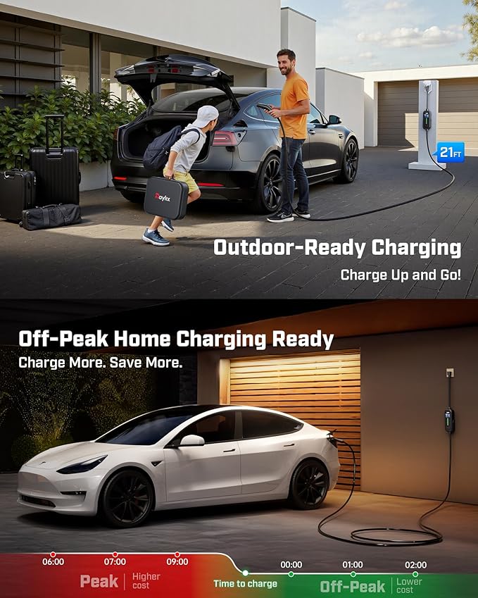 2025 Upgraded Level 1&2 Tesla Mobile Charger, 8-16Amp Adjustable Current & Timer, 110V–240V, NEMA 5-15 & 6-20 Plug, 21ft Tesla Charging Cable, Mobile Connector for Tesla Model Y/3/X/S/Cybertruc