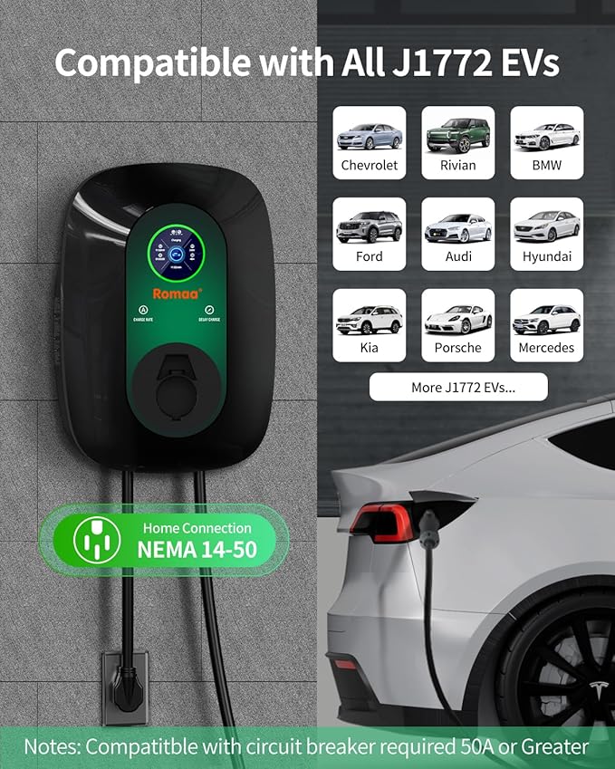 Romaa Level 2 EV Charger J1772 40 Amp Plug in, 240V Home Charging Station Wallbox, NEMA 14-50, 9.6 kW, Adjustable 8 to 40A, ETL Listed, FCC Part 15, NEMA Type 4, 25 ft, App WiFi Smart Display
