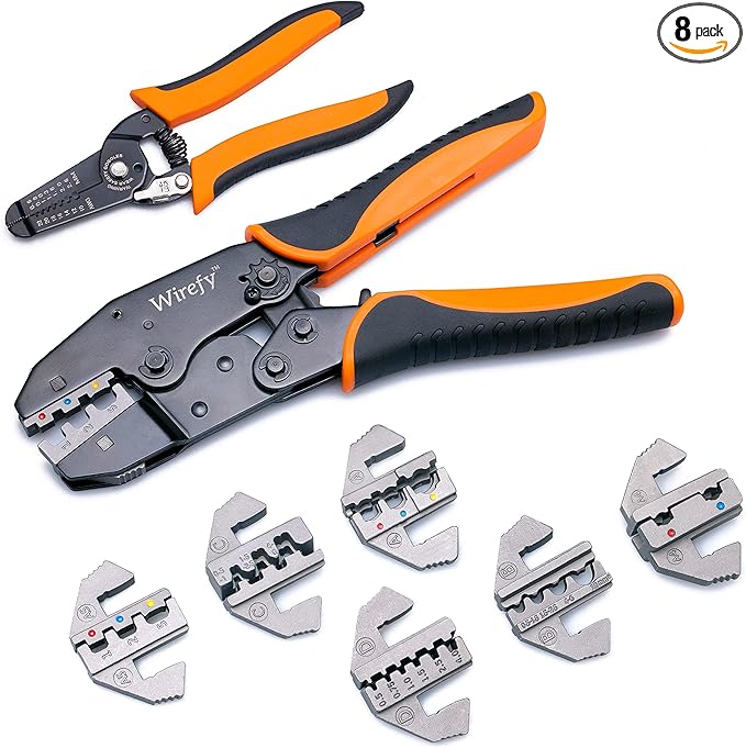Wirefy Wire Crimping Tool Kit | Crimpers & 6 Slide in Dies | Ratcheting Wire Crimper Tool | Terminal Crimp Pliers | for Heat Shrink, Non Insulated, Open Barrel, Flag, Ferrule, Insulated Connectors