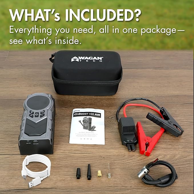 Wagan EL7603 iOnBoost V10 Air Jump Starter with Tire Inflator 1500A Peak 12V Portable Lithium Car Battery Booster with 150PSI Air Compressor LCD Pressure Display Built-in LED Light UL Certified