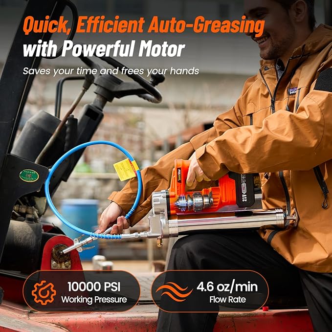 Electric Grease Gun, 10000 PSI High-Efficiency Battery Powered Grease Gun with 2 * 4.0Ah Batteries and Charger, for Farmers, Mechanics, and Equipment Owners, Orange