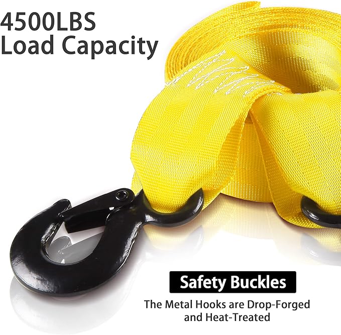 Trailer Winch Strap with Hook, 1.5in 16ft Heavy Duty Boat Winch Strap with 4500lbs Break Strength for Towing Vehicles, Boats, Trailer, Towing (Yellow)