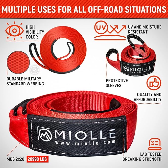 MiolleGear Tow Strap 2”x20’- 20990 lbs MBS (Lab Tested) Recovery Strap Kit Includes: Tow Rope, Storage Case