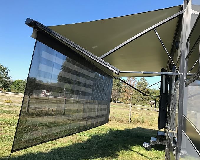 Tentproinc RV Awning Sun Shade Screen 8' X 14' 3'' (American Flag) Black Mesh Sunshade Camper Trailer Awning Shade Screen UV Blocker Completed Kits