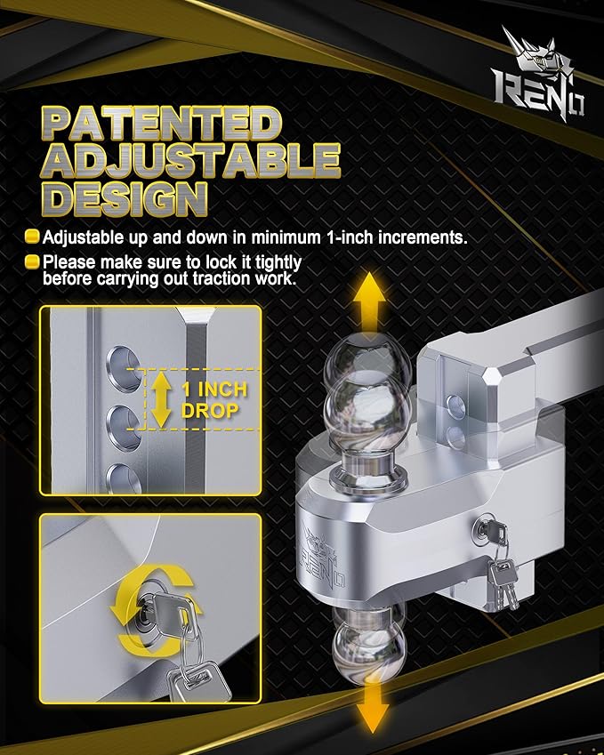 RENO Adjustable Trailer Hitch, Fits 2 inch Receiver Hitch 4" Rise/Drop Tow Hitch, Heavy Duty 2" & 2-5/16" Ball Hitches with 12,500 LBS GTW (1 Pack, Aluminum)