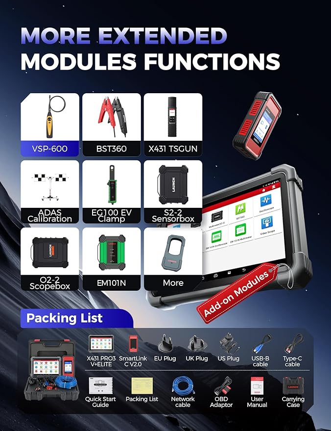 Launch X431 PRO3 V+ Elite, 2025 SmartlinkC 2.0 Bidirectional Scan Tool with J2534, HD Trucks Scan, 10.1 inch, Topology Map, 60+Service, Online Coding Scanner, CANFD/DoIP/D-PDU, FCA, 2 Yrs Update