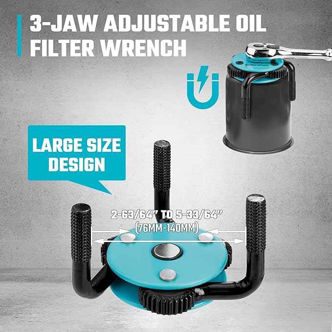DURATECH Adjustable Oil Filter Wrench, Magnetic 3-Jaw Oil Filter Removal Tool, Large Sizes from 3" to 5.51"(76mm to 140mm), Ideal for Cars, Trucks, Tractor