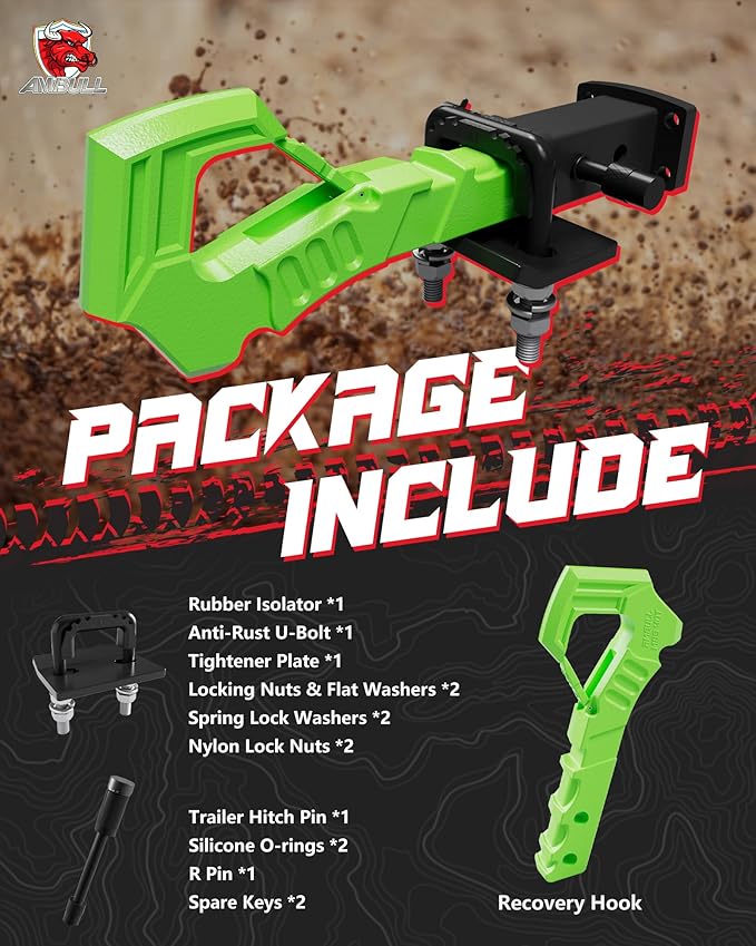 Tow Hitch Receiver With Tightener, 2 Inch Truck Hitch, Drop Forged Steel Trailer Hook 88000 Lbs Break Strength, Scorpion Tail Tow Hook for Trucks, Green