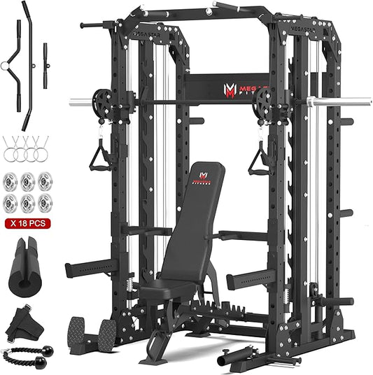 Smith Machine for Home Gym - 2000lbs Capacity All-in-One Power Rack with Cable Crossover, Pull-Up Bar & Dip Station, Includes 18 Attachments, P107 Anvil