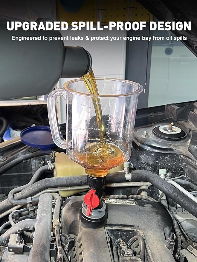 SMART JERRY - Spill-Proof Engine Oil Funnel Kit｜Oil Change Funnel w/ 12 Adapters & 2 Magnetic Adapter Organizer Boards｜Transparent Body w/Scale & Shut-Off Valve｜Universal Fit