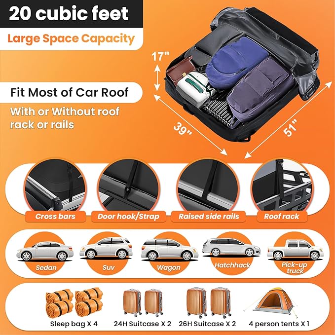 Sailnovo Rooftop Cargo Carrier Roof Bag, 20 Cubic feet Waterproof Roof Cargo Carrier fit car with/Without Luggage Rack - Vehicle Soft Shell Roof Cargo Box with Tie-Down Strap, Safety Hook
