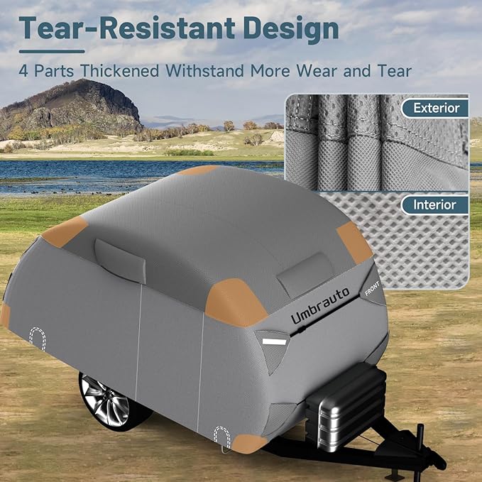 Umbrauto Teardrop Travel Trailer Cover Fits 12'-15' Trailers, 7 Layers Top Heavy Duty Waterproof Camper Cover with Windproof Strap for R-Pod Trailers, Clamshell Trailers