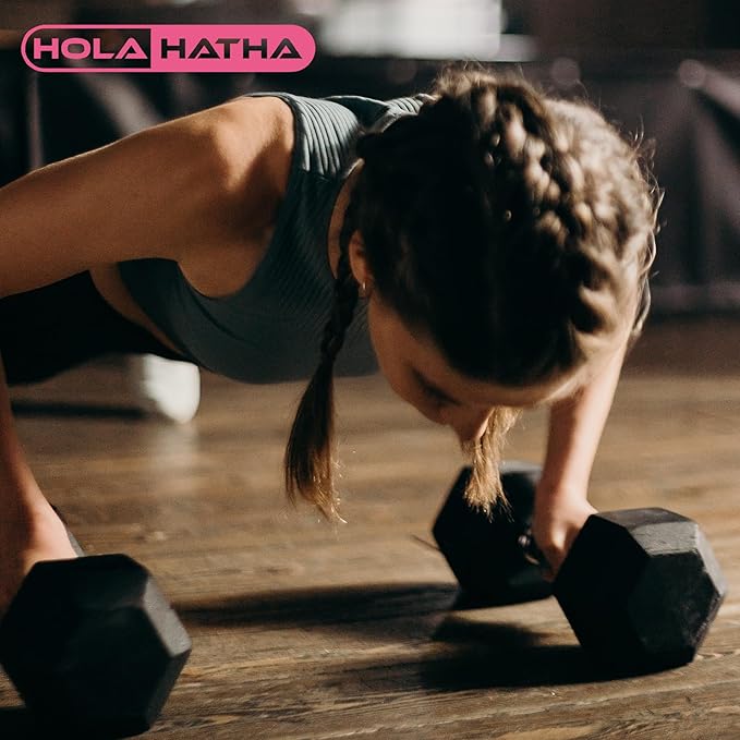 HolaHatha Hexagonal Dumbbell Free Hand Weight Set w/Rack