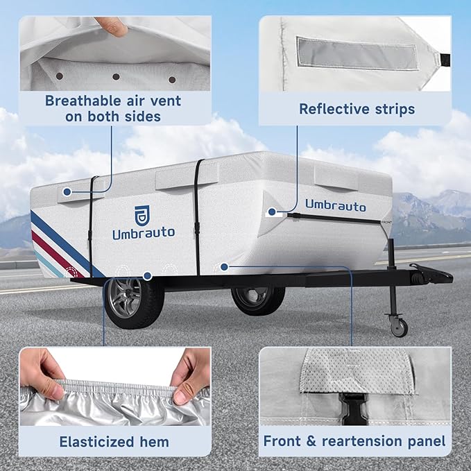 Umbrauto Pop Up Camper Cover for 18'-20' Folding Tent Trailers, 300D Silver Oxford, Waterproof, Windproof, Sun-Resistant, Tear-Resistant, Heavy-Duty RV Cover with Straps & Air Vents
