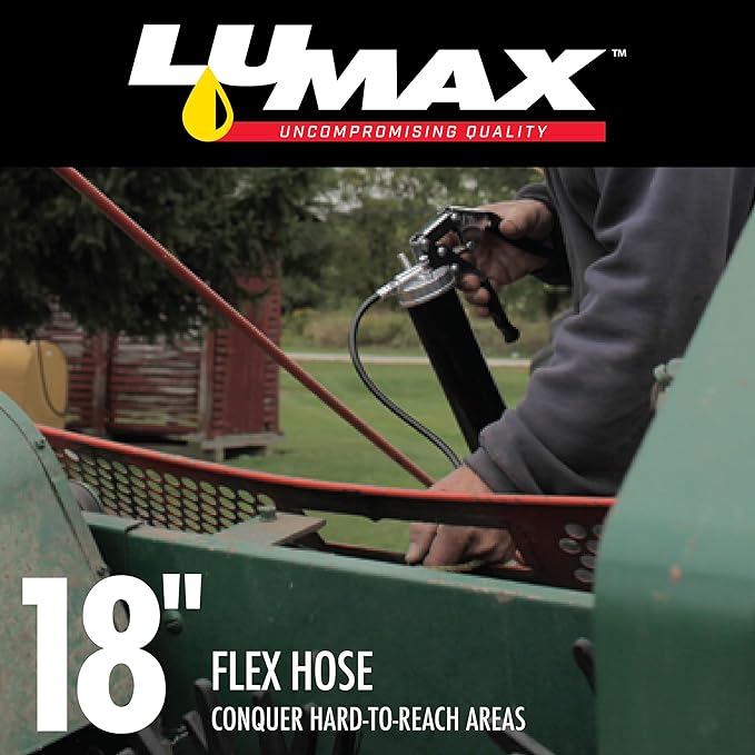 LUMAX LX-1152 Black Heavy Duty Deluxe Pistol Grease Gun with 18" Flex Hose, Handy 3-Way Loading - Fill with Standard Cartridge, Suction or Bulk Fill. Convenient One-Hand Operation for Easy Greasing.