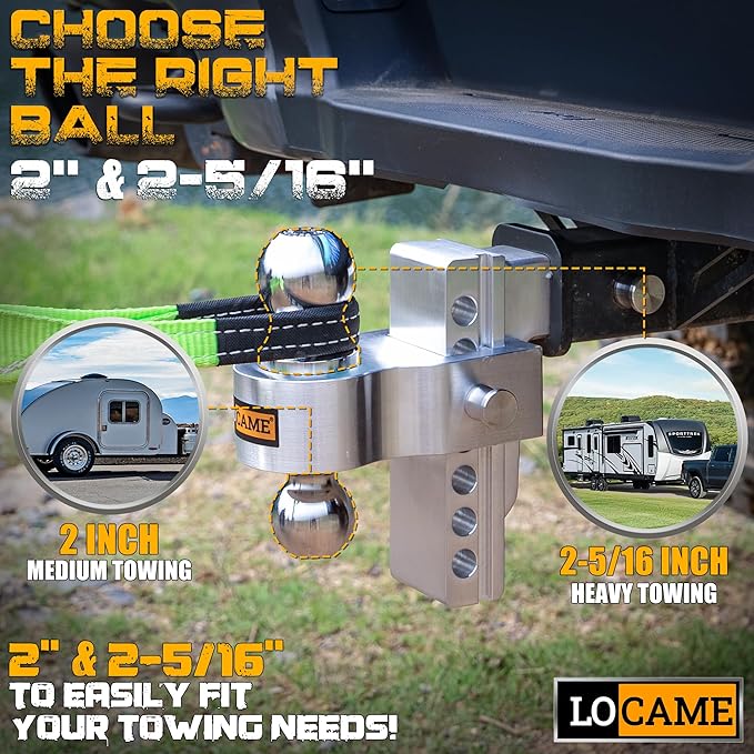 LOCAME Adjustable Trailer Hitch, Fits 2.5-Inch Receiver, 6-Inch Drop/Rise Aluminum Drop Hitch,18,500 LBS GTW-Tow Hitch for Heavy Duty Truck with Double Stainless Steel Locks, LC0026