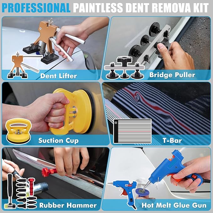 142PCS Car Dent Puller Kit,Car Paintless Dent Remover Tool Kit with LED Light Board,T-bar Slide Hammer & Bridge Puller & Suction Cup,Dent Repair Kit for Remover Auto Body Hail Damage Large Small Dent