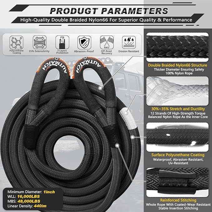 AUTMATCH Kinetic Recovery Tow Rope 1" x 20FT - Heavy Duty Offroad Snatch Strap 48000Lbs, 35% Elasticity Energy Recovery Tow Rope for 4x4 Off-Road Vehicle, Truck, Trailer, ATV, UTV, Black