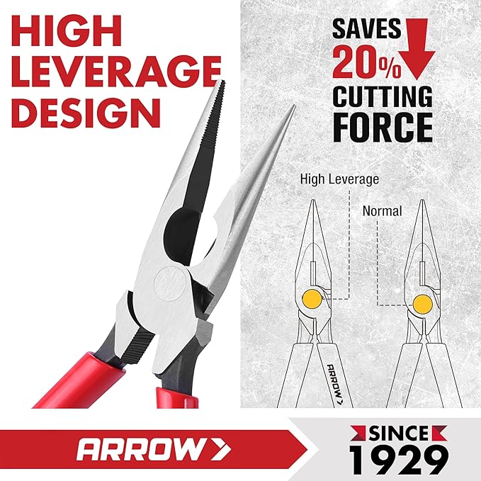 ARROW 8" High Leverage Needle Nose Pliers with Side Cutters, Long Nose Pliers for Gripping, Wire Bending, Cutting