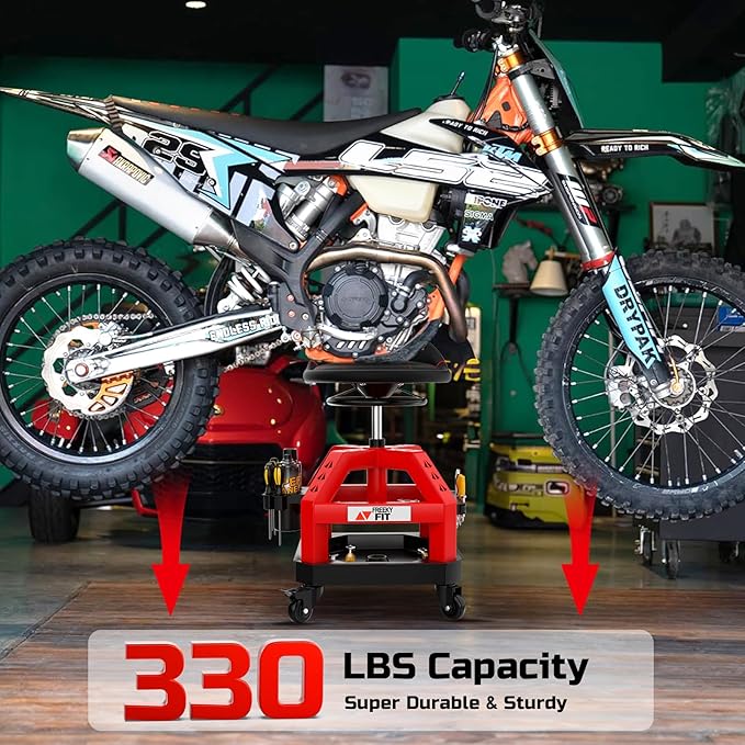 Rolling Shop Stool for Garage with Casters, DO02-Adjustable Height 360° Swivel Shop Seat with Tool Tray Storage, 330 LBS Capacity Padded Mechanic Stool, Magnetic Tool Hold, Heavy Duty, Red