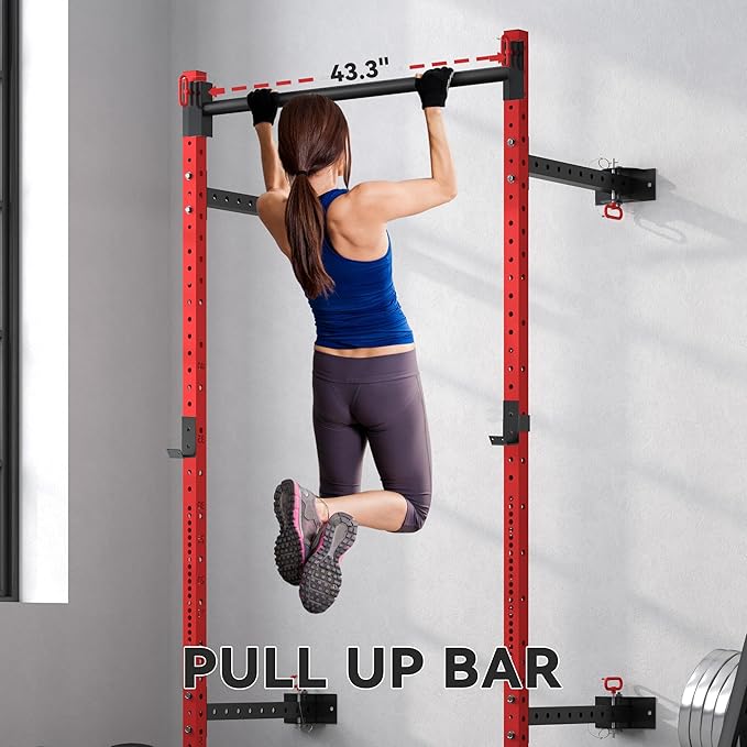 Soozier Folding Squat Rack with Adjustable Pull-Up Bar, 1000 Pounds Capacity Wall Mounted Power Rack, Adjustable Barbell Rack with J Hooks for Home Gym Full Body Workout