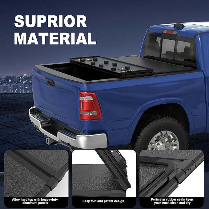 Tri Hard Truck Bed Tonneau Cover Fleetside Compatible with 2019-2024 Classic /2009-2025 Dodge Ram 1500 Inclu. Classic & New Body (w/o Ram Box)-5.8 FT Bed On Top 67.4 inch Aluminum Bed