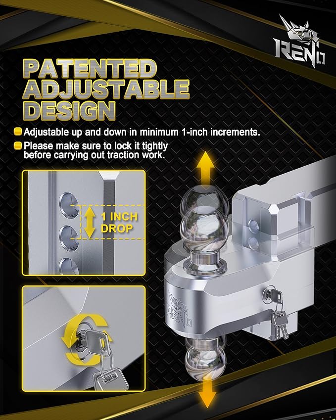RENO Adjustable Trailer Hitch (Fits 3-Inch Receiver) - Heavy Duty Aluminum Tow Hitches with 4-Inch Drop/Rise for Truck (21,000 LBS GTW) - 2" and 2-5/16" Dual Ball Mounts