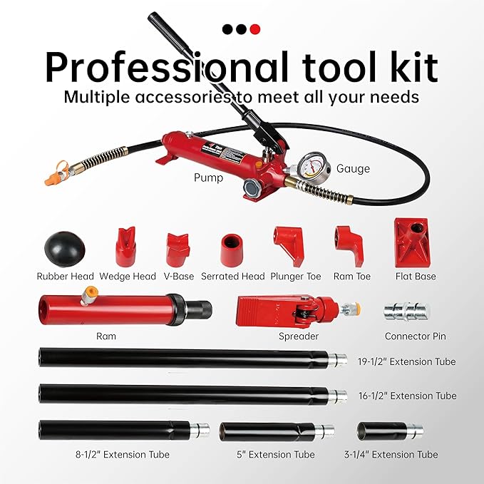 4 Ton (8800 lbs Capacity) Porta Power Jack Hydraulic Ram Auto Body Frame Collision Repair Kit Set, 18-Pcs, with Blow Mold Carrying Case and Gauge
