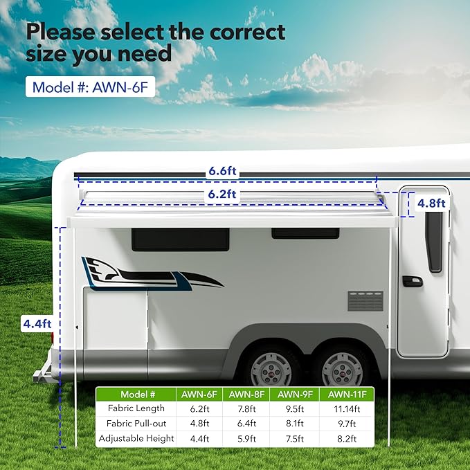 HBN RV Awning Manual Retractable, 6.6FT White Aluminum Side Mount Awning with 6.2FT Gray Striped Vinyl Canopy, Waterproof UV-Resistant, for RVs, Motorhomes, and Travel Trailers
