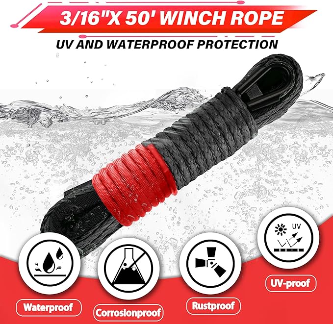TYT Off-Road Winch Rope Kit - 3/16''x50', 8500 Lbs Black Synthetic Cable with Protective Sheath, Heavy-Duty Hook, Safety Pull Strap & Rubber Stopper Ideal for 4WD ATV UTV Vehicles, Grey, (JPS3650IG)